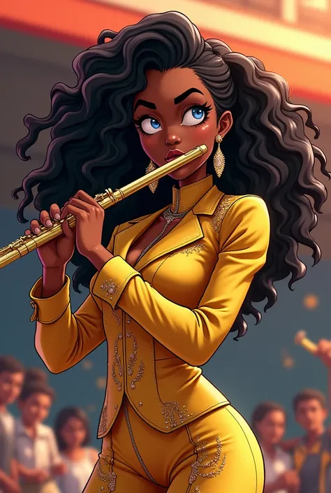 Black anime girl with locs and wearing a gold high school uniform with earrings using body gestures playing the flute