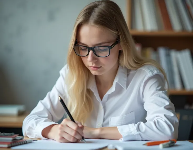 Developing cultural and intellectual skills, education according to the curricula prescribed for students ,  receiving information in the classroom, a close-up picture of a swedish  student with glases wearing a  white uniform  sitting on a school desk, pe...