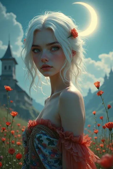 masterpiece, best quality,, 1girl, (colorful),(finely detailed beautiful eyes and detailed face),cinematic lighting,bust shot,extremely detailed CG unity 8k wallpaper,white hair,solo,smile,intricate skirt,((flying petal)),(Flowery meadow), sky, cloudy_sky,...