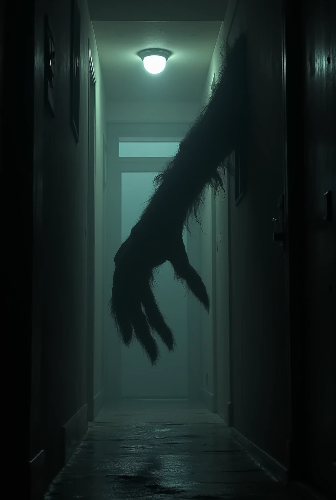 A long black low detailed arm of an unknown creature sticking out from the shadows in a dark eerie hallway