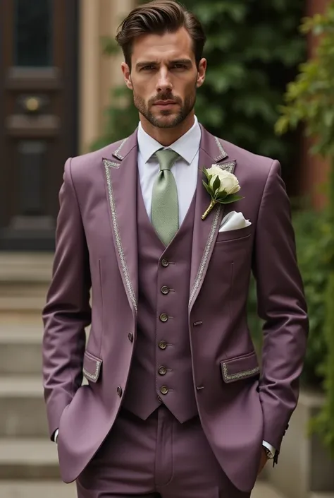 A dusty purple wedding suit with sage green accents