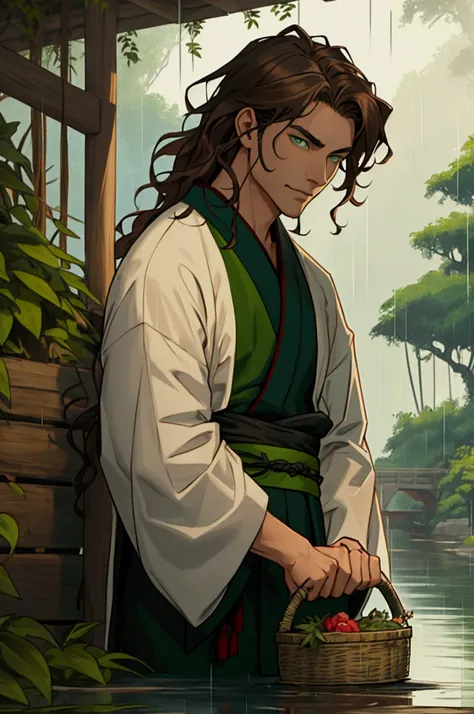 A handsome man in his 30s sits against a bridge with a basket of herbs in front of a lake during the rain. He is wearing a green Chinese haori. The man has long, slightly below-the-shoulder wavy brown hair and green eyes. His face is sharp, with cheekbones...