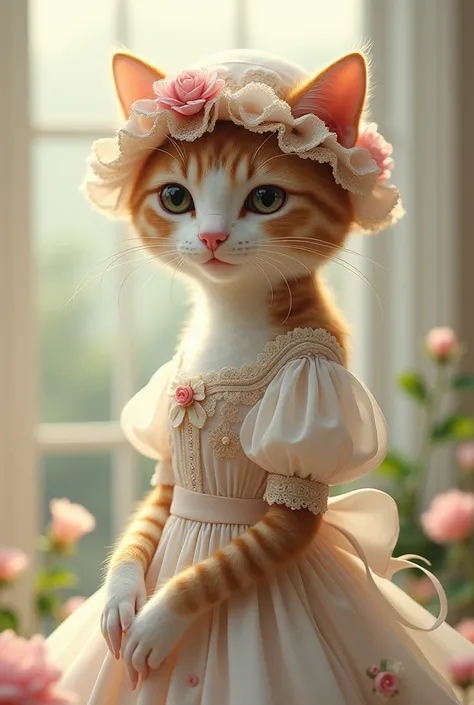 Mama cat in a cotton lace dress and a cap decorated with flowers and ribbons in retro style