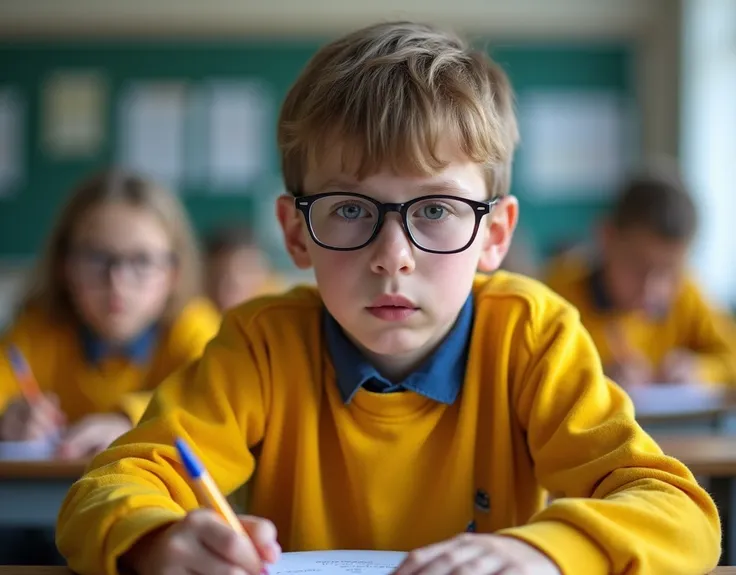 Developing cultural and intellectual skills, education according to the curricula prescribed for students ,  receiving information in the classroom, a close-up picture of a swedish  student with glases wearing a  yellow uniform  sitting on a school desk, p...