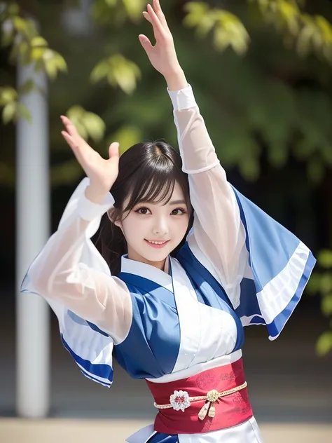 photo-realistic quality、a 20-year-old japanese woman dancing the awa odori dance、traditional bon odori costumes based on white, ...