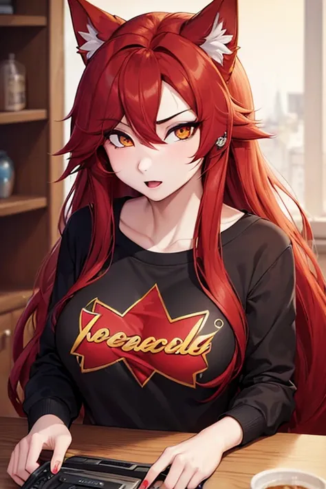 (work of art, Maximum quality, best qualityer, offcial art, beautiful and aesthetic:1.2) Uma Furry Loba Gamer, long red hair, Red Skin, gold eyes, wearing a black sweatshirt, Red T-Shirt and Dark Blue Jeans.