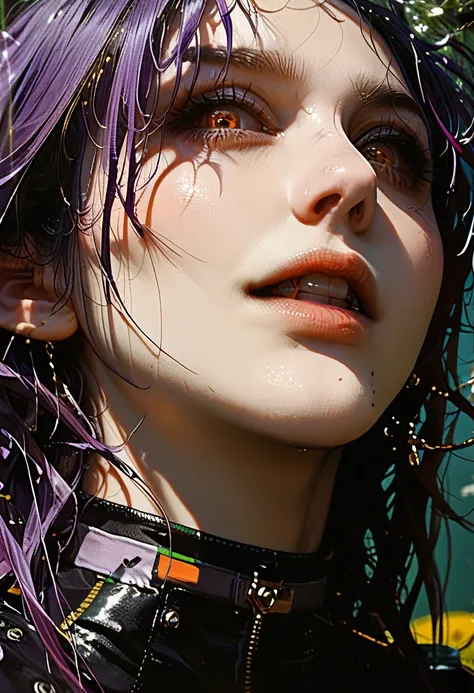 cute girl with brown skin, sexy body, wavy purple hair [with shades of black], golden eyes (brilliant), ultra realistic eyes, wi...