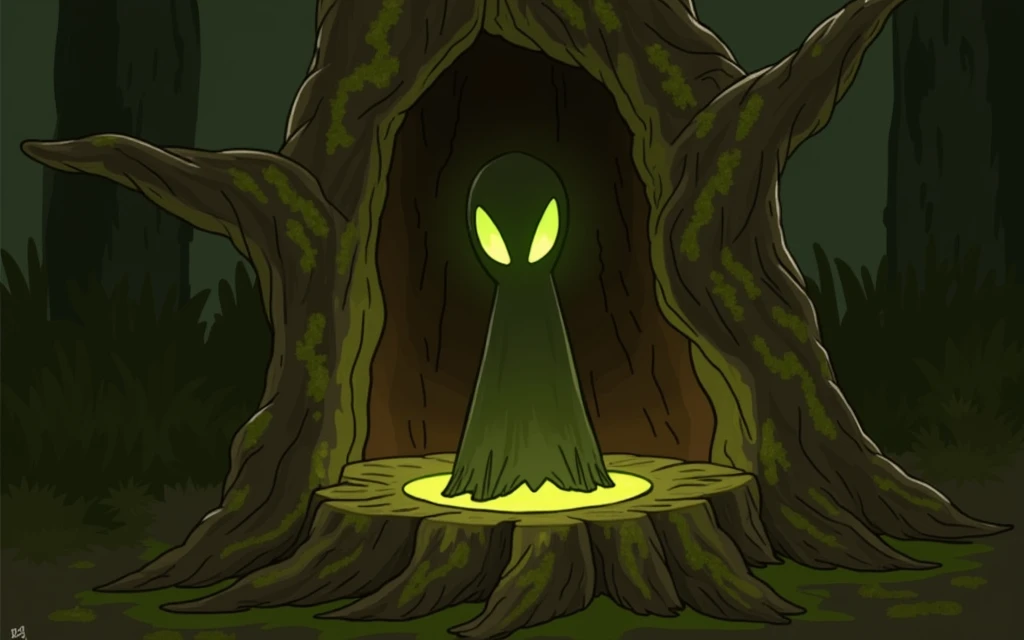 villain, tree stump, poisonous glowing eyes, animation drawing, scary, green tree stump