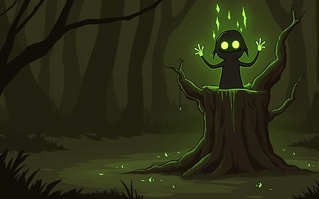 villain, tree stump, poisonous glowing eyes, animation drawing, scary, green tree stump