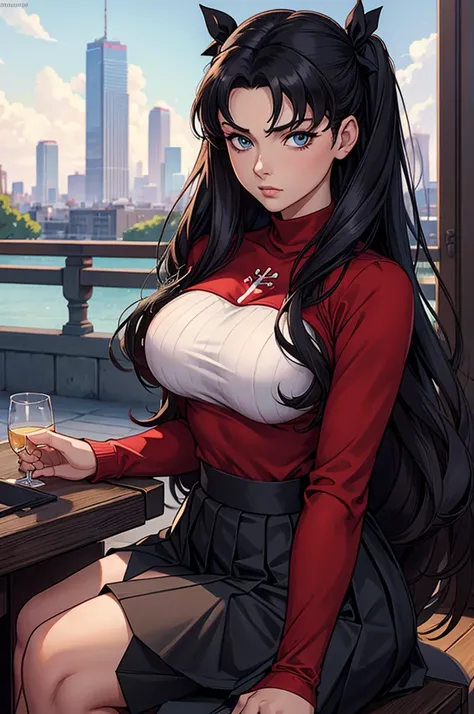 (work of art), best qualityer, expressive eyes, face perfect, 1 girl, standing alone, Rintohsaka, Rin Tohsaka, water eyes, Bblack hair, hair cinta, long hair, cinta, side locks, two sides up, black overskirt, black thicc thighs, long sleeves, minioverskirt...