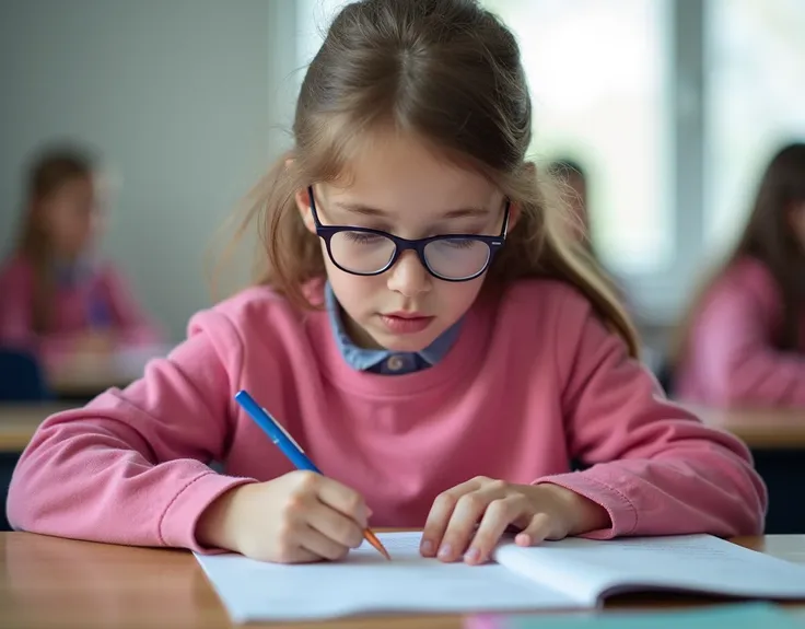 Developing cultural and intellectual skills, education according to the curricula prescribed for students ,  receiving information in the classroom, a close-up picture of a swedish  student with glases wearing a  pink uniform  sitting on a school desk, per...