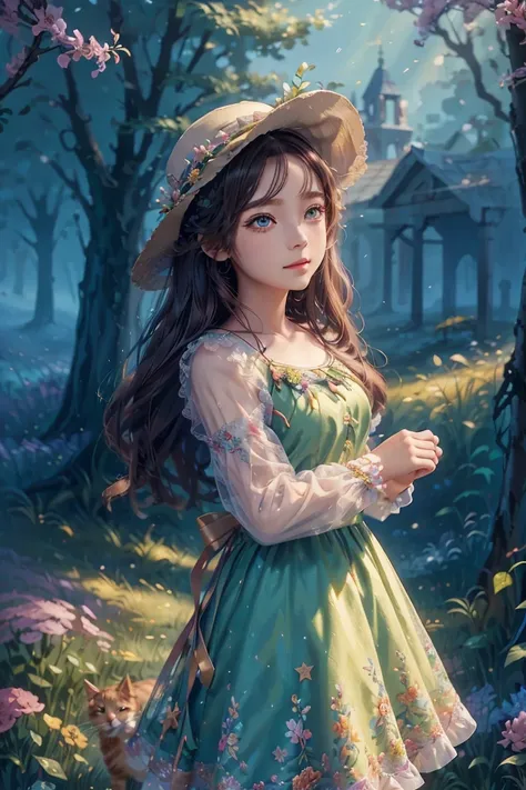 an animated character near trees with here cat. warm tone color , greek mythology classy clothing ,flowers dress pattern , hat, flowers vine, wise colorful eyes, The background is fantsy sky, flowers, shining star, Happy face feeling mood and tone.