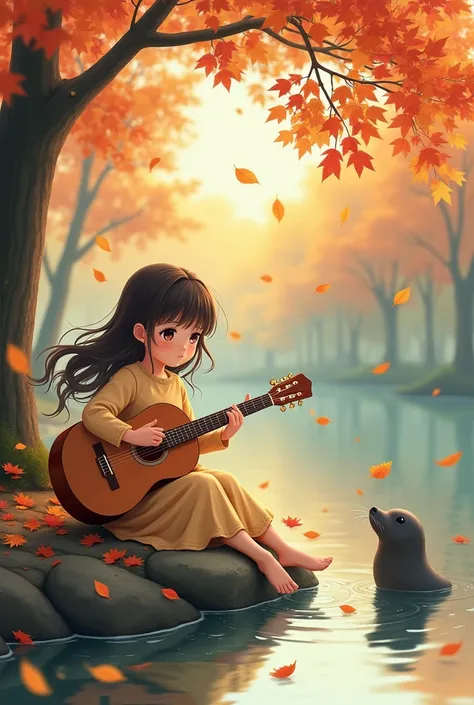 character, Girl with a guitar, in autumn, anime, seal