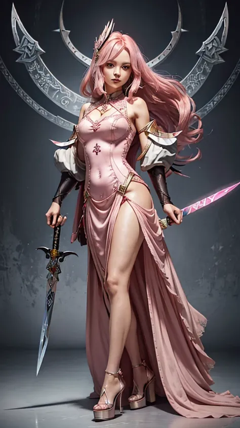 First place girl,Long flowing pink hair,head ornaments,Mid-chest,Pink lace dress,Chest gem,Steel armor gloves,steel high heels,.best quality,masterpiece,Ultra-high resolution（2：0）,shuriken,The steel sword is long and sharp,The sword has magic runes attache...