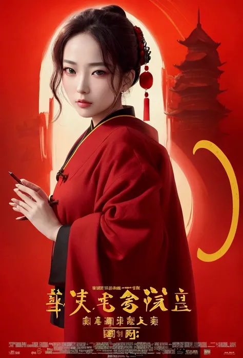 (Highest quality, Movie Poster Style), Beautiful woman (One of my eyes is red:1.2),(How to write Chinese characters with meaning:1.1), Combine elements perfectly.