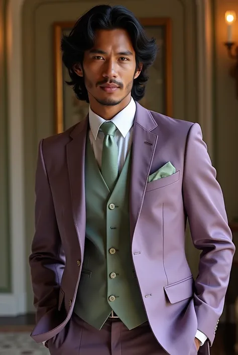 A dusty purple wedding suit with sage green accents on a Italian, black, white, and Phillipino man with shoulder leaght wavy balck hair