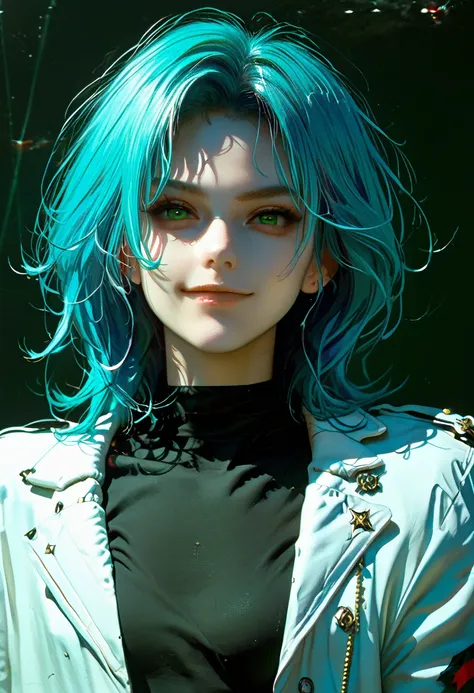 masterpiece, best quality, ((1 person)),blue hair,green eyes,serious expression, smiling,above the waist,line art,medium hair,wh...