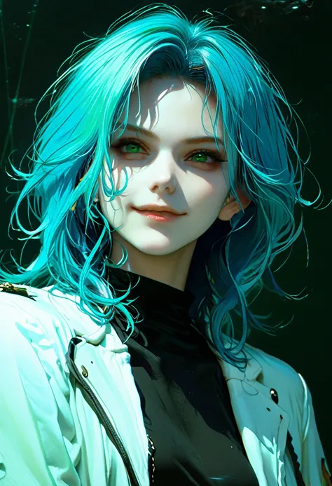 masterpiece, best quality, ((1 person)),blue hair,green eyes,serious expression, smiling,above the waist,line art,medium hair,wh...