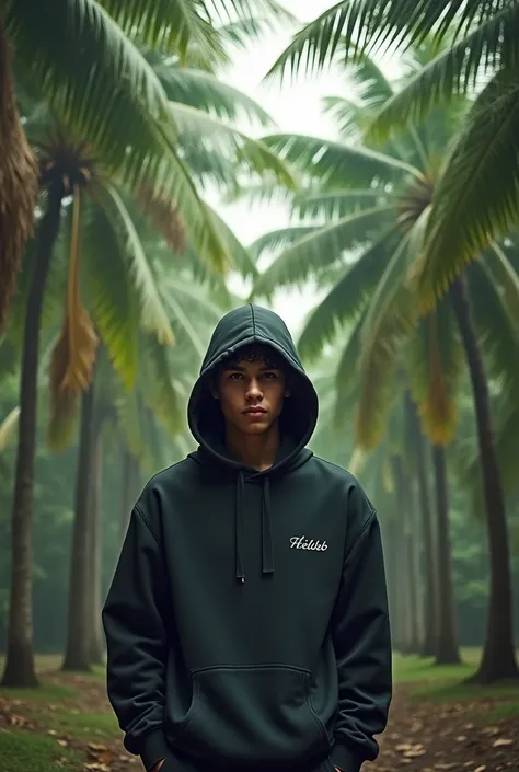 A young man wearing a hoody standing in the coconut
 plantation with the name HELLER VIB
on the shirt 