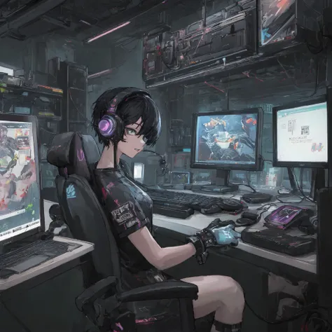 (masterpiece), (Highest quality), (Very detailed),cyber punk, short hair, Digital Punk,  Short sleeve gaming wear, Black Hair, Computer Lab, Over-the-head gaming headset、one person&#39;s