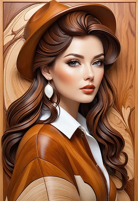 beautiful woman, stylish, cool, ultrarealistic , impeccable ,  in the style of Intarsia woodworking