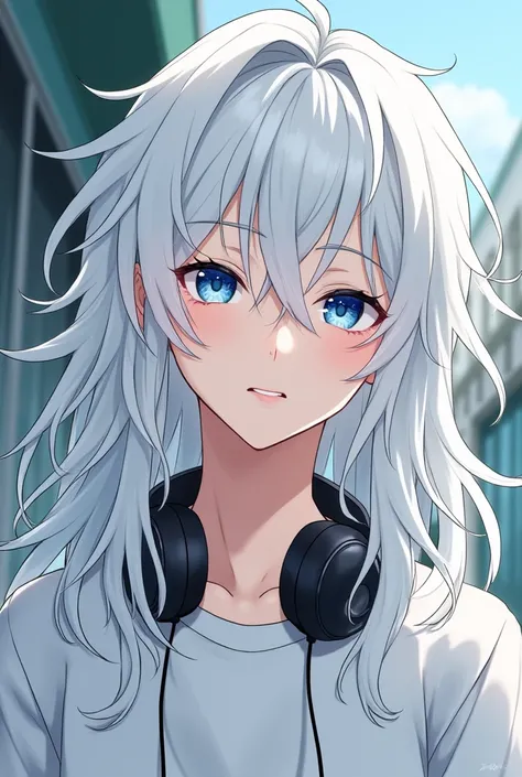 Anime boy with white hair and blue eyes school boy with t shirt and long hair or headphones or good looking and white face 