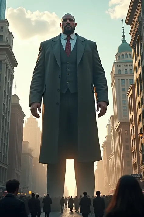 "Create an image of Sultan Kösen standing in a cityscape, towering over buildings and people, to highlight his extraordinary height."