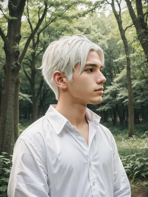 

"Generate an anime-style profile picture of a boy with white hair, set against a natural background such as a park or forest, with a serene and peaceful atmosphere."

