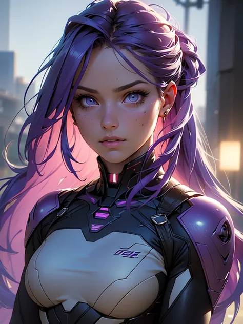 beautiful detailed eyes, beautiful detailed lips, extremely detailed eyes and face, long eyelashes, 1 girl, superhero costume, tight futuristic costume, long purple hair, gold hairpins, calm and reasonable expression, purple white black costume, heroes tra...