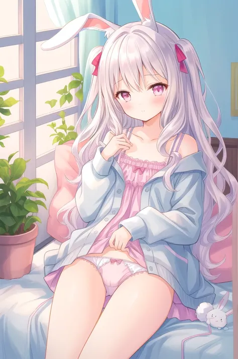 A girl, beautiful illustration, best quality, pastel color, fluffy bunny ears, petite, silver long hair, light pink eyes, Very cute, Only wear underwear, Pink underwear