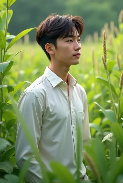 The image displays a young man with a thoughtful expression, wearing a white shirt and standing in a field with green foliage in the background.