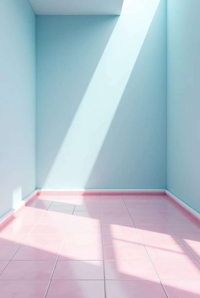 A room with light pink tiles and sky blue colour 