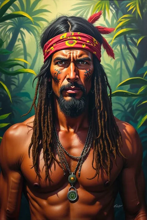 Painting portrait of native white man with nose ring.Hair with locks wearing a bandana in the hair .Tribal face tattoo. Torse nue dans la jungle