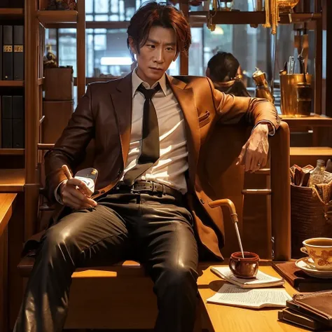 Sun Wukong in Journey to the West but in a modern setting. He wears modern clothes., one hand holding iPhone. Sun Wukong is described as a mafia boss in the underworld., sitting on a leather chair in the office, with the pistol on the table in front of him...