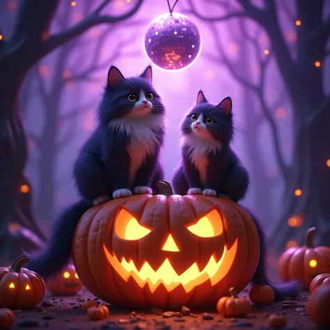 Long-haired cats、sitting on top of a jack-o-lantern、A purple light shone down from the mirror ball above.、The background is the word HAGUKIX