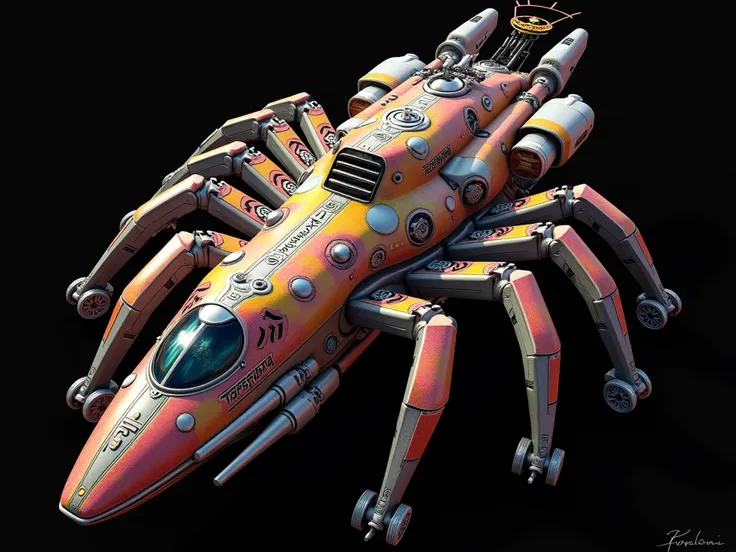 A long wide giant heavily armored divine futuristic flying all terrain biomechanical aircraft carrier, covered in rainbow batik pattern and glowing javanese runic symbols, multiple retractable cybernetic spider legs with wheels on the tip, divine halo, fly...