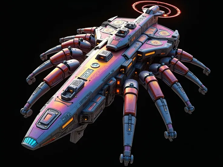 A long wide giant heavily armored divine futuristic flying all terrain biomechanical aircraft carrier, covered in rainbow batik pattern and glowing javanese runic symbols, multiple retractable cybernetic spider legs with wheels on the tip, divine halo, fly...