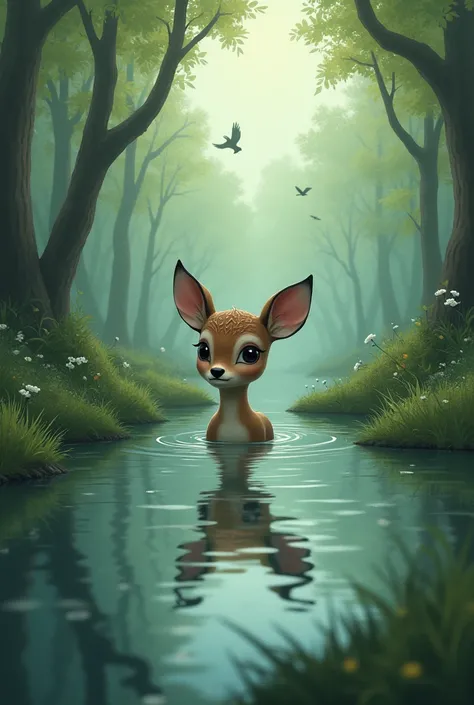 Sad child deer swimming in the pond(pond have human body) pond positioning in the middle of the forest in spring season in the sky few birds flying , watch this image look like far distance 