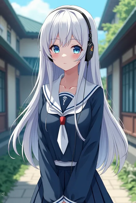 Anime girl with white hair and blue eyes school girl and long hair and headphones and good cloth and good looking girl