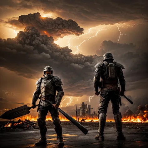 One  armored Fighter of the Apocalypse holds a large sledgehammer in his hands, a warg at his side ,burning city in background during thunderstorm , Portrait 