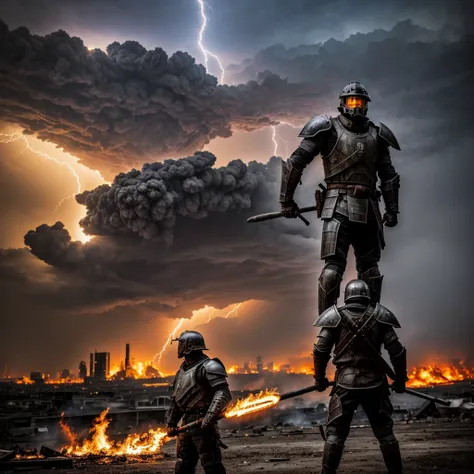 One  armored Fighter of the Apocalypse holds a large sledgehammer in his hands, a warg at his side ,burning city in background during thunderstorm , Portrait 