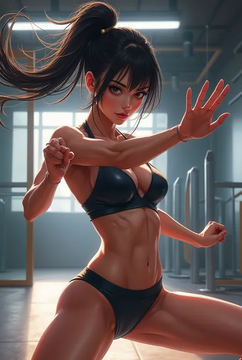 Beautiful sexy anime woman semi naked training martial arts in gym 