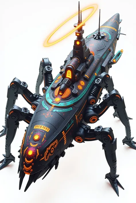 A long wide giant heavily armored divine futuristic flying all terrain biomechanical mothership, covered in rainbow batik pattern and glowing javanese runic symbols, multiple retractable cybernetic spider legs with wheels on the tip, divine halo, flying ho...