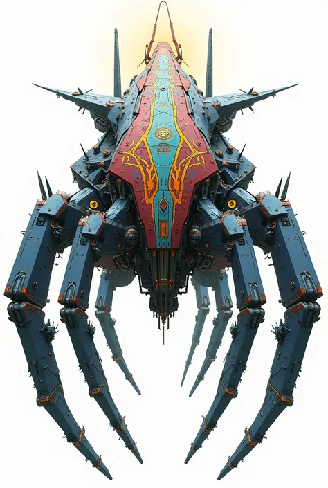 A long wide giant heavily armored divine futuristic flying all terrain biomechanical mothership, covered in rainbow batik pattern and glowing javanese runic symbols, multiple retractable cybernetic spider legs with wheels on the tip, divine halo, flying ho...