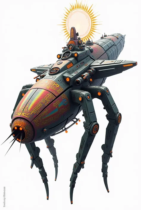 A long wide giant heavily armored divine futuristic flying all terrain biomechanical mothership, covered in rainbow batik pattern and glowing javanese runic symbols, multiple retractable cybernetic spider legs with wheels on the tip, divine halo, flying ho...