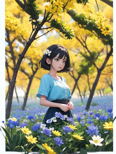 light blue and yellow flowers, woman with flowers in her hair, dark hair, organic and natural composition, flower field