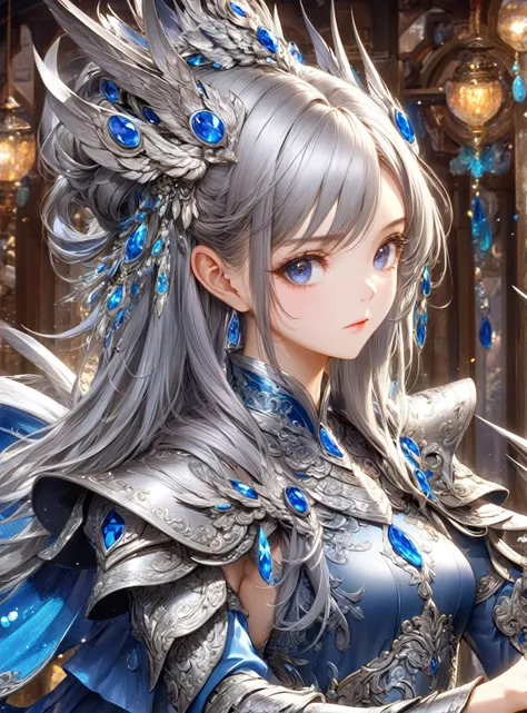 Close-up of woman in silver and blue dress, Chengwei Pan at Art Station, Jan J, Detailed fantasy art, Amazing character art, Fan Art Best Art Station, Magnificent and elaborate character art, Beautiful Armor, Highly detailed art gems, Detailed digital anim...