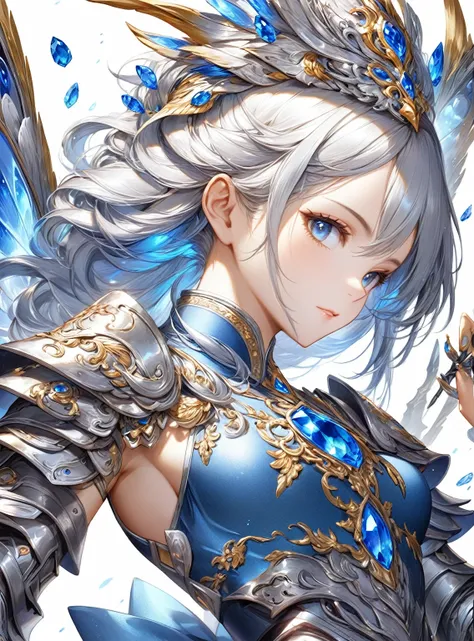 Close-up of woman in silver and blue dress, Chengwei Pan at Art Station, Jan J, Detailed fantasy art, Amazing character art, Fan Art Best Art Station, Magnificent and elaborate character art, Beautiful Armor, Highly detailed art gems, Detailed digital anim...