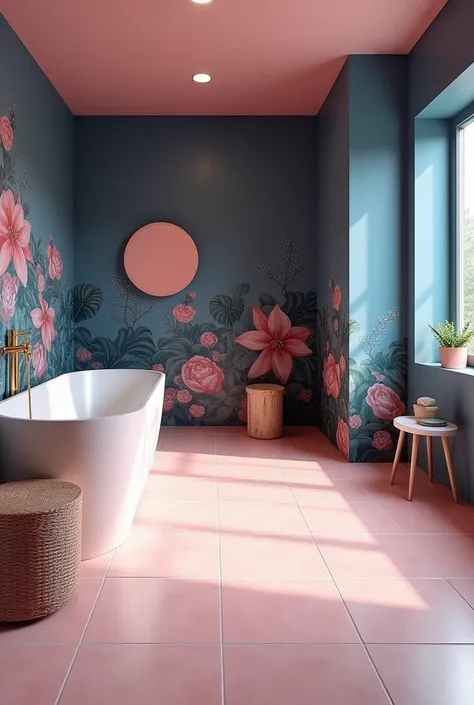 A room with light pink tiles and sky blue colour. The tiles are of 2*4 feet. Make room bigger and change the sky blue to navy blue with mural design 