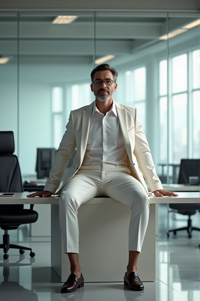 A man wearing a suit without the coat sitting on top of the desk in office